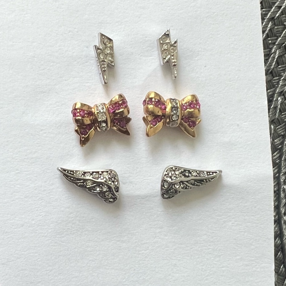 BUNDLE Juicy Couture Stud Earrings 3 pairs Bow Lightening Bolt Angel Wings
